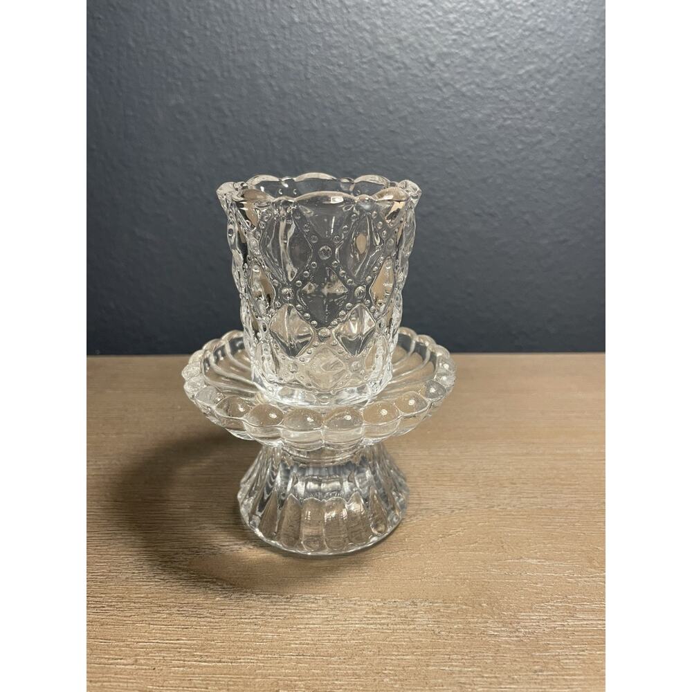 Partylite clear glass Quilted Diamond 2 part candle holder